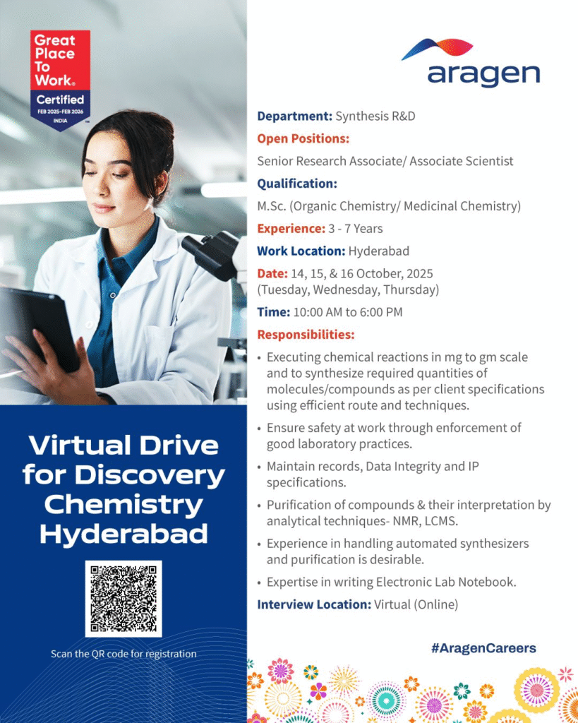 Aragen Virtual Drive for Sr Research Associate & Associate Scientist Roles in Discovery Chemistry