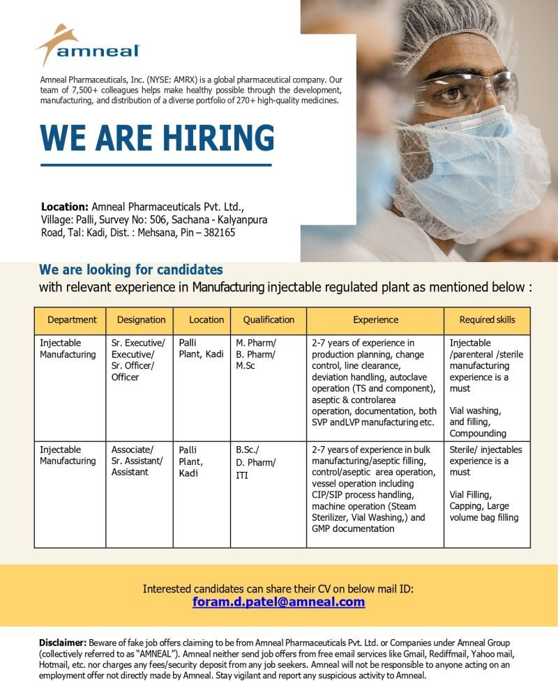 Amneal Pharmaceuticals - Job Openings for Sr. Executive in Injectable Manufacturing 