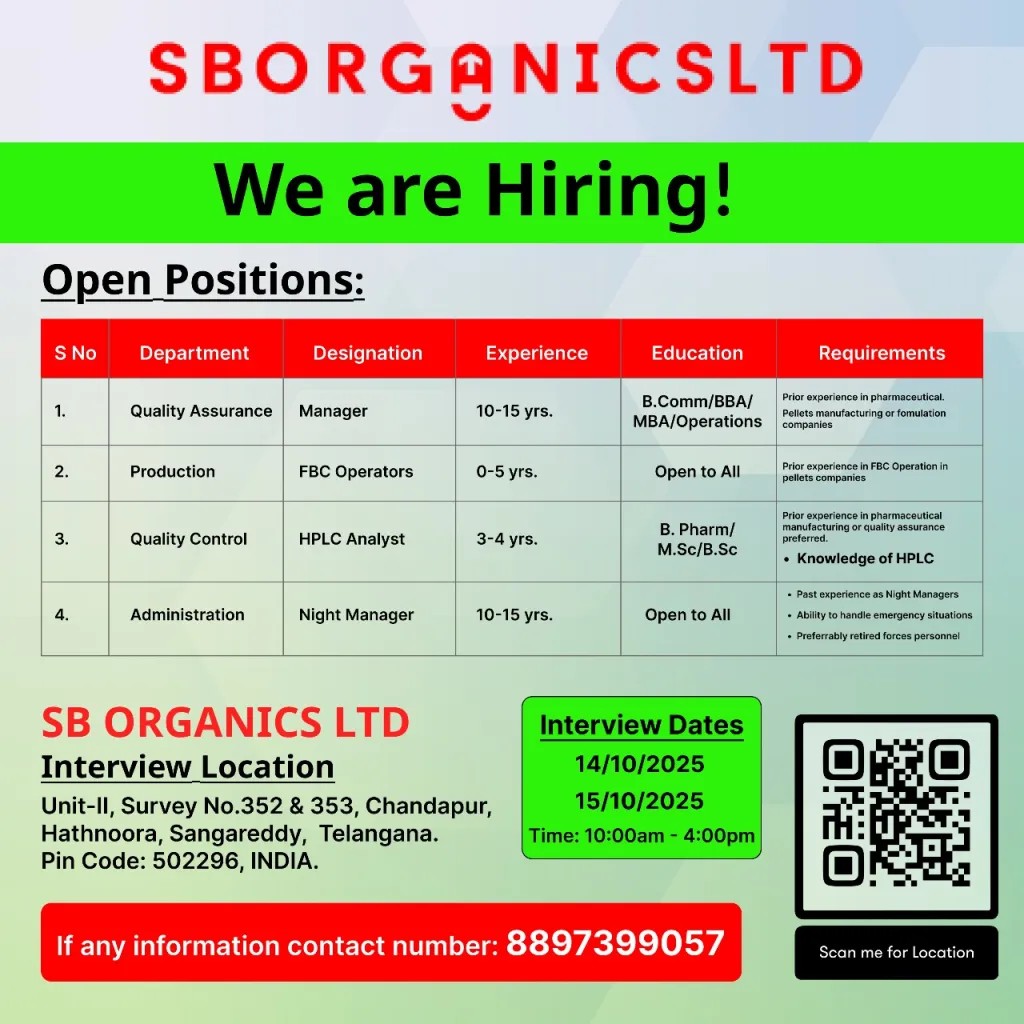 SB Organics Ltd Walk-in Interviews for QA Manager, FBC Operators, HPLC Analyst & Night Manager