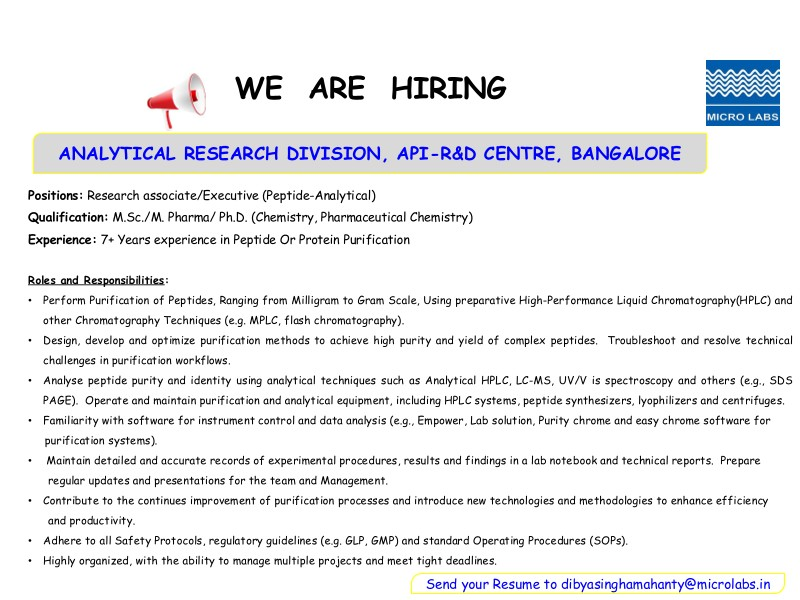 Research Associate/Executive (Peptide-Analytical) at Micro Labs API-R&D Centre, Bangalore