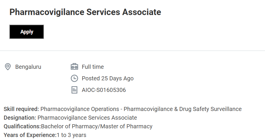 Accenture Hiring Pharmacovigilance Services Associate - Drug Safety Jobs in Bengaluru