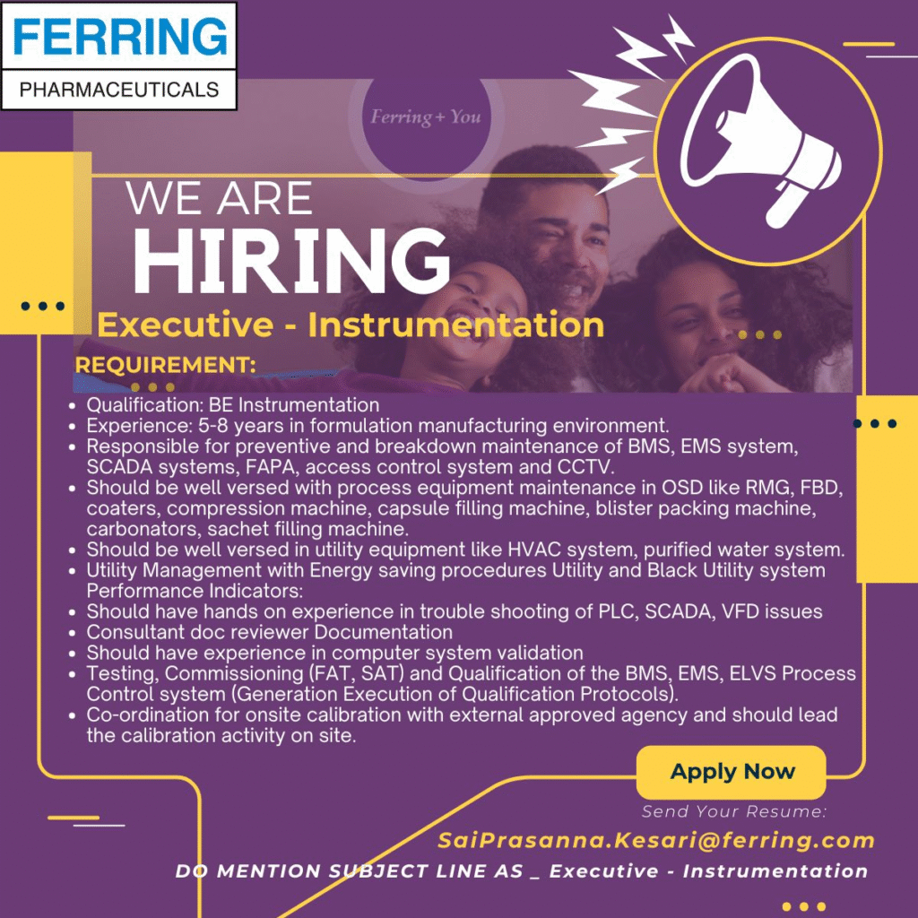 Executive - Instrumentation Job at Ferring Pharmaceuticals | Positions for Formulation Manufacturing