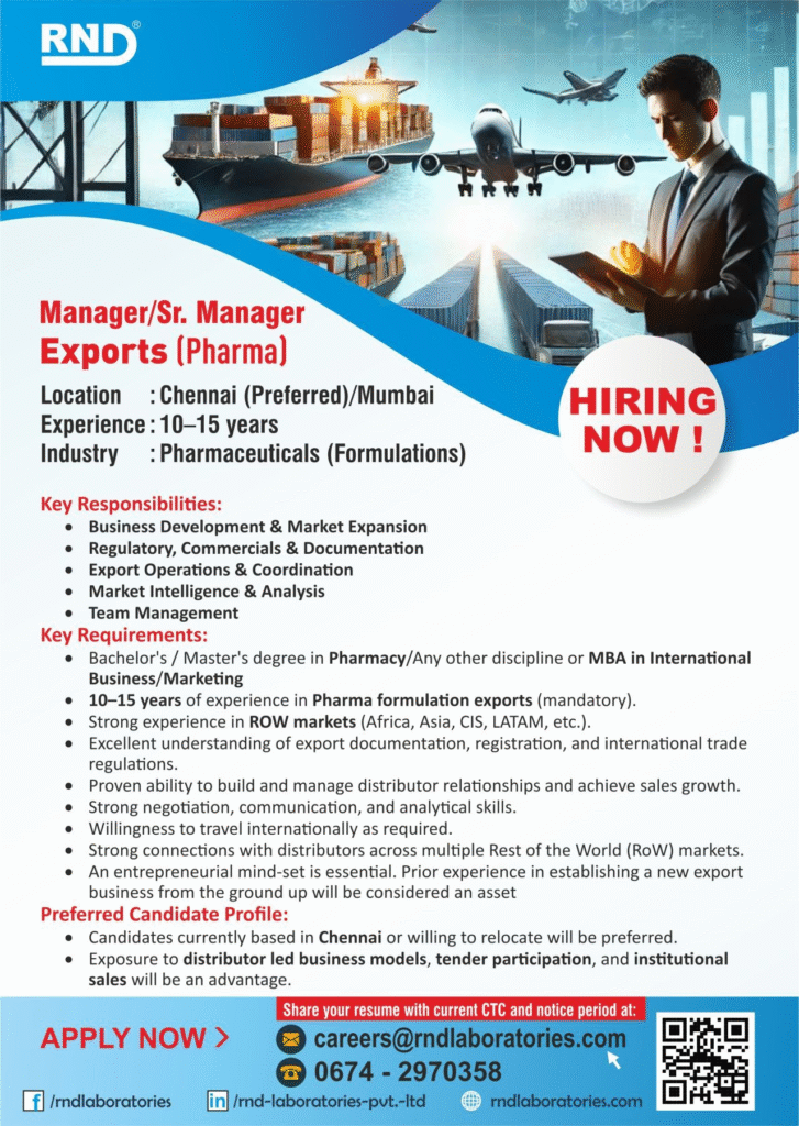 RND Laboratories Hiring for Manager & Sr. Manager Exports