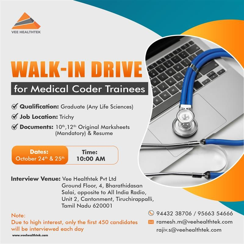 Walk-in Drive for Medical Coder Trainees @ Vee Healthtek on 24th- 25th Oct