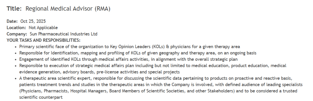 Sun Pharma Hiring Regional Medical Advisor (RMA) | Pharma Jobs Opportunity in India