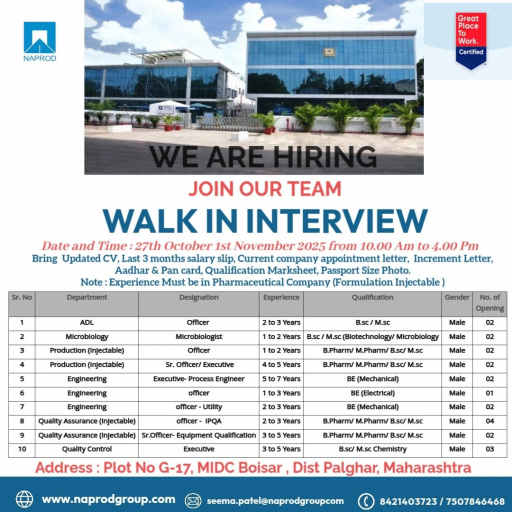 Walk-in Interviews @ NAPROD - Pharma Jobs in Injectable Formulations from 27th Oct to 1st Nov