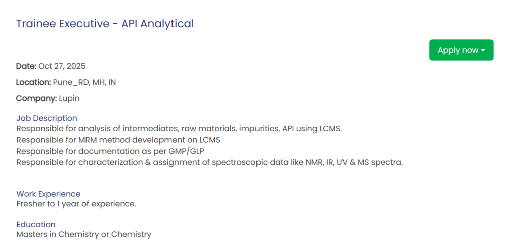 Lupin Hiring Freshers: Trainee Executive - API Analytical, Pune