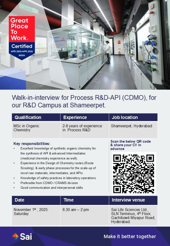Sai Life Sciences Walk-in Interview in Process Engineers & R&D Roles in API on 1st Nov 