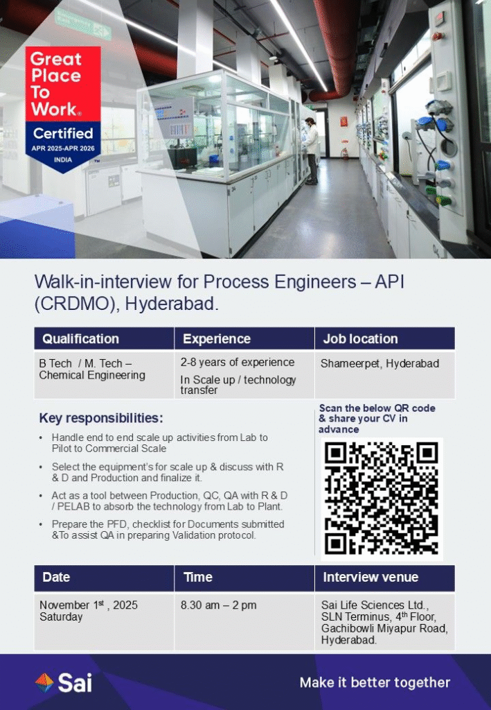 Sai Life Sciences Walk-in Interview in Process Engineers & R&D Roles