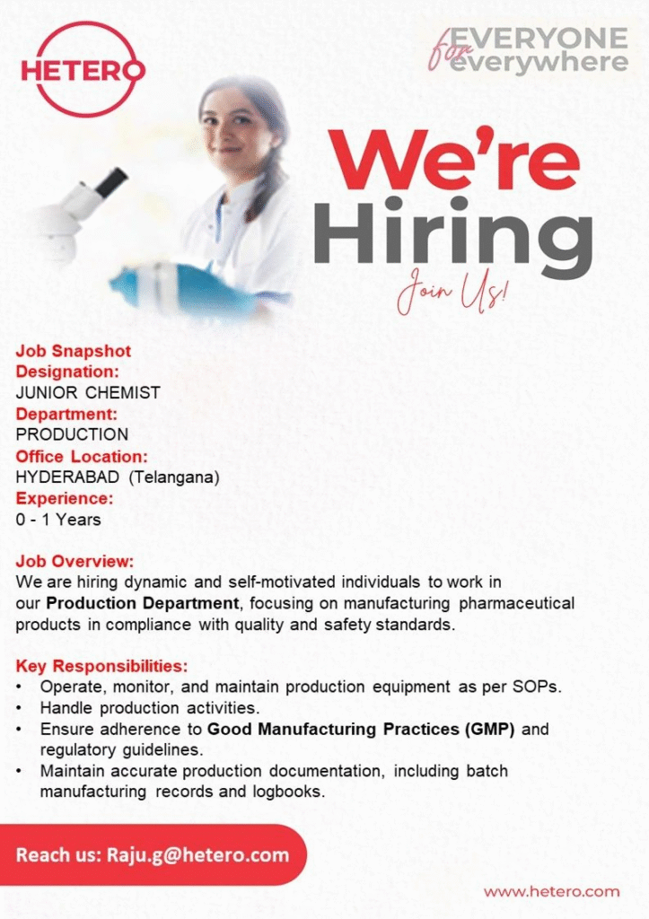Junior Chemist Jobs at Hetero: Entry-Level Pharma Careers in Hyderabad