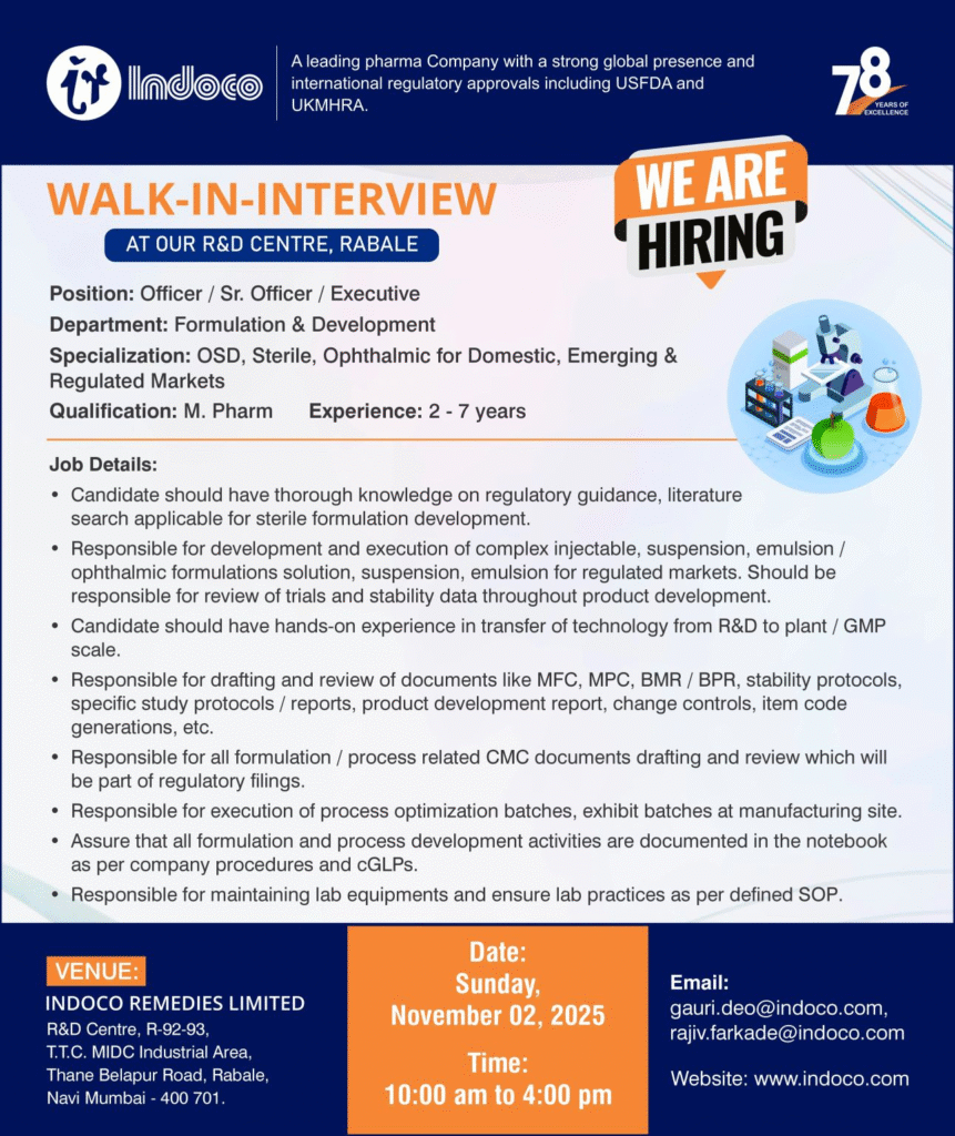Indoco Hiring Officer / Sr. Officer / Executive - Formulation & Development | Walk-in Interview Pharma Jobs Navi Mumbai