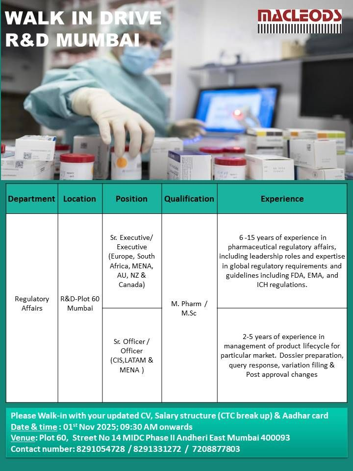 Walk-in Drive for Regulatory Affairs Jobs @ Macleods Pharmaceuticals in Mumbai on 1st Nov