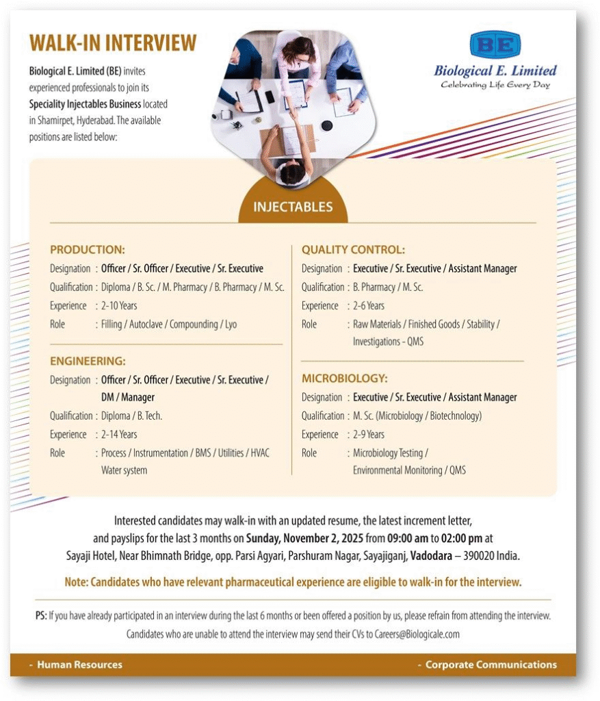 Biological E. Limited Walk in Walk in Drive Production, QA, QC and Microbiology Department