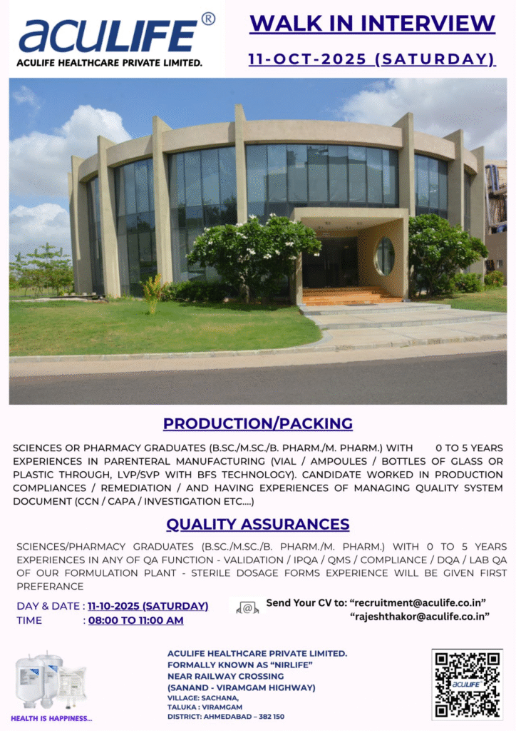 Walk-in Interview for Production and QA Jobs at AcuLife Healthcare: Pharma Careers in Ahmedabad