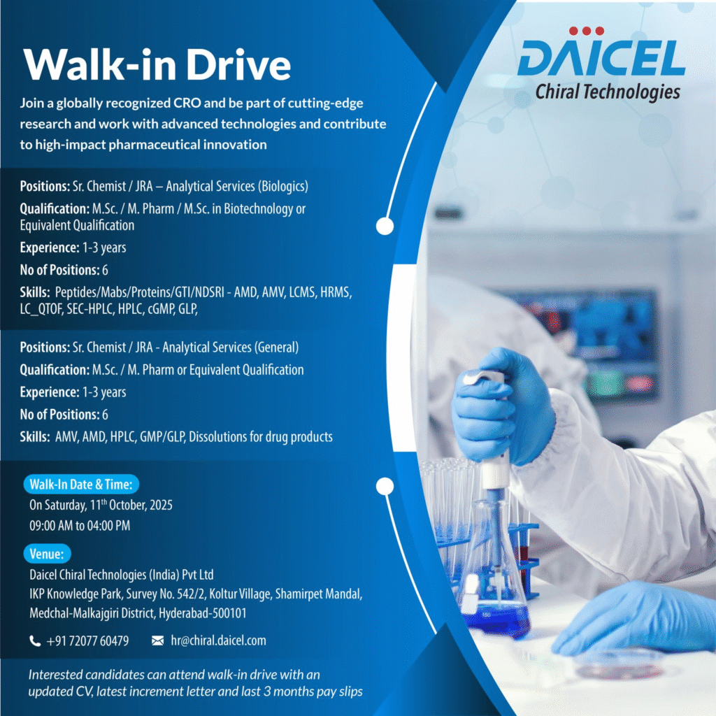 Walk-in Drive for Pharma Jobs at Daicel Chiral Technologies: Sr. Chemist Roles in Analytical Services