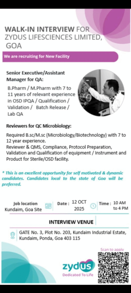 Zydus Lifesciences Limited Hiring for QA and QC in Senior Roles on 12th Oct 2025