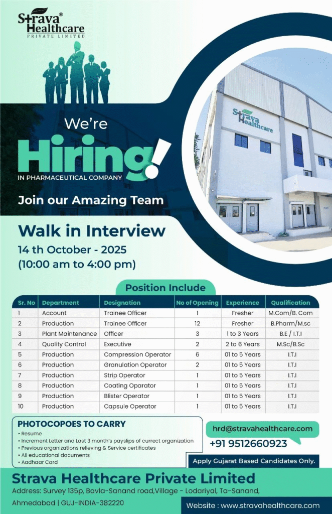 [Freshers & Experienced] Strava Healthcare Walk-in Interview for Production, QC, and Operator Roles in Ahmedabad