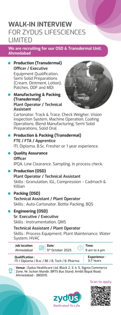 Zydus Lifesciences Limited is Actively Hiring for Production, QA, and Engineering Roles (0-7 Years Exp)
