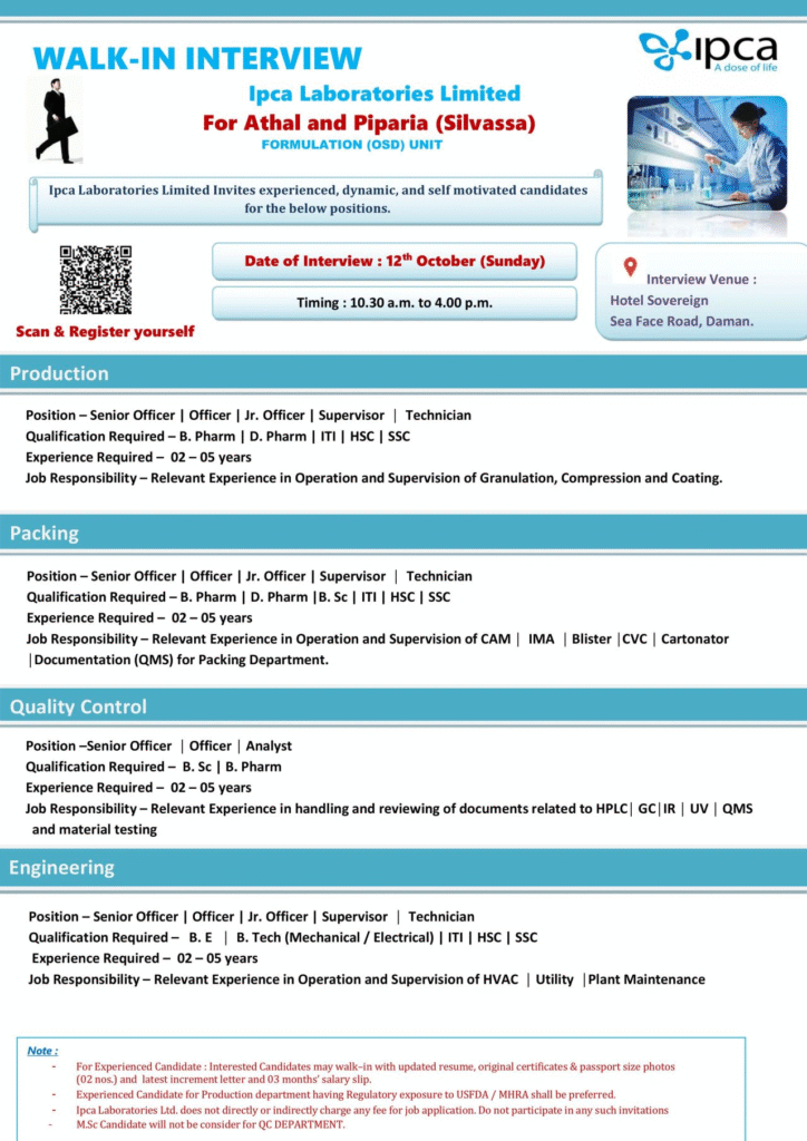 Ipca Laboratories Walk-in Interview for Production, QC, and Engineering Roles on 12 Oct 2025
