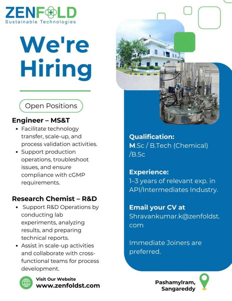 Zenfold Sustainable Technologies - Urgent Hiring for MS&T Engineer and R&D Chemist Roles in Sangareddy