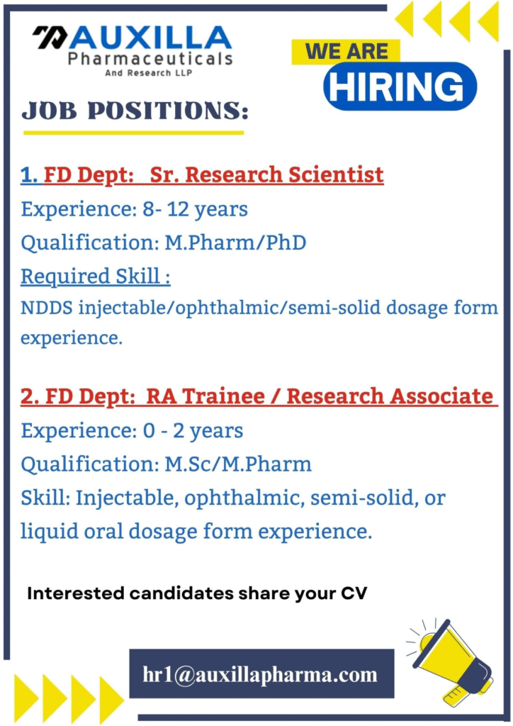 Auxilla Pharmaceuticals Hiring Sr. Research Scientist & RA Trainee
