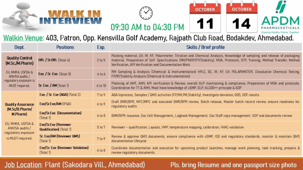 APDM Pharmaceuticals Walk-in for QC, QA, Engineering & Production Roles