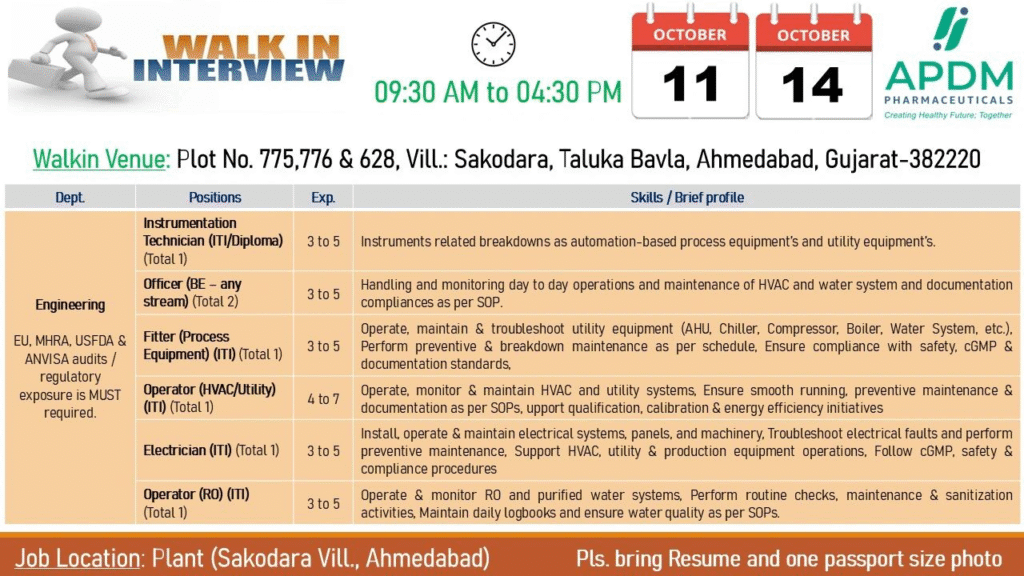 APDM Pharmaceuticals Walk-in for QC, QA, Engineering & Production Roles in Ahmedabad