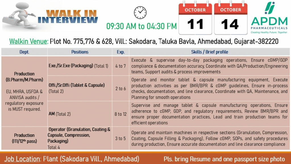 APDM Pharmaceuticals Walk-in for QC, QA, Engineering & Production Roles in Ahmedabad - October 11-14, 2025