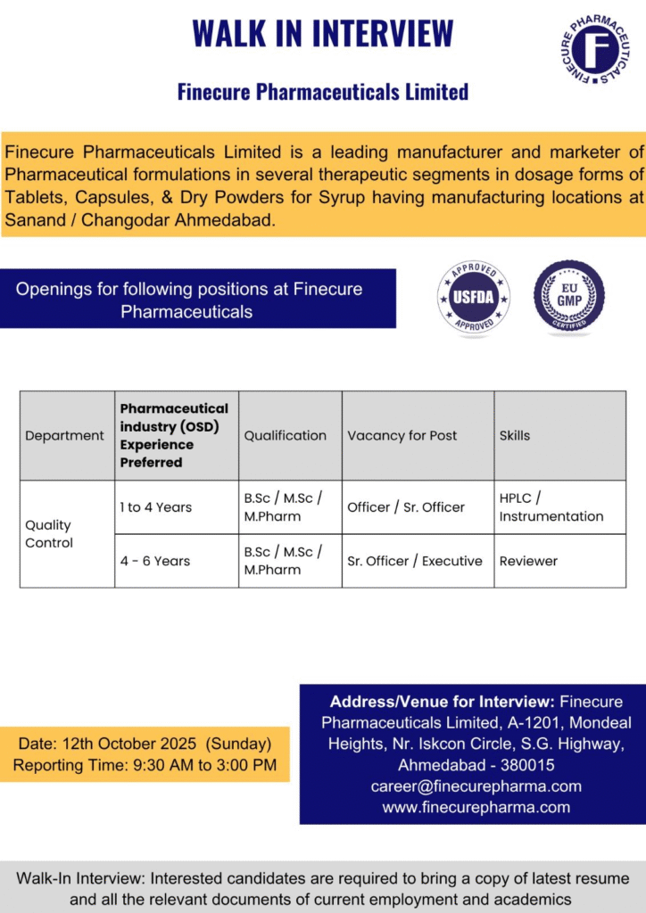 Finecure Pharmaceuticals Walk-in Drive for Officer & Executive Roles - USFDA Approved Facility