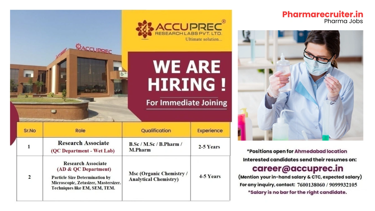 Accuprec Research Labs Hiring Research Associate (AD & QC Department - Wet Lab)