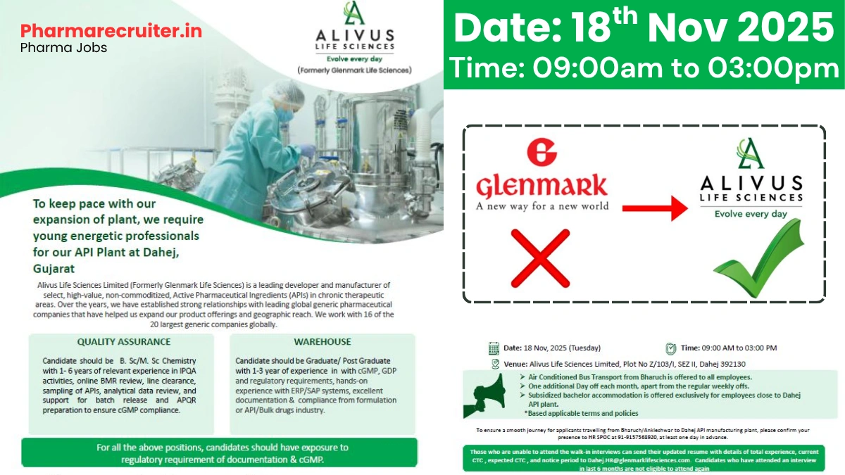 Alivus Life Sciences is Hiring for QA and Warehouse Roles on 18th Nov