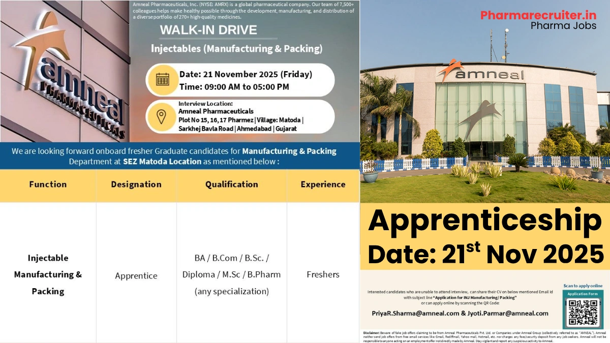 Amneal Pharmaceuticals 2025 - Fresher Apprentice Jobs in Injectables Manufacturing & Packing on 21st November 2025