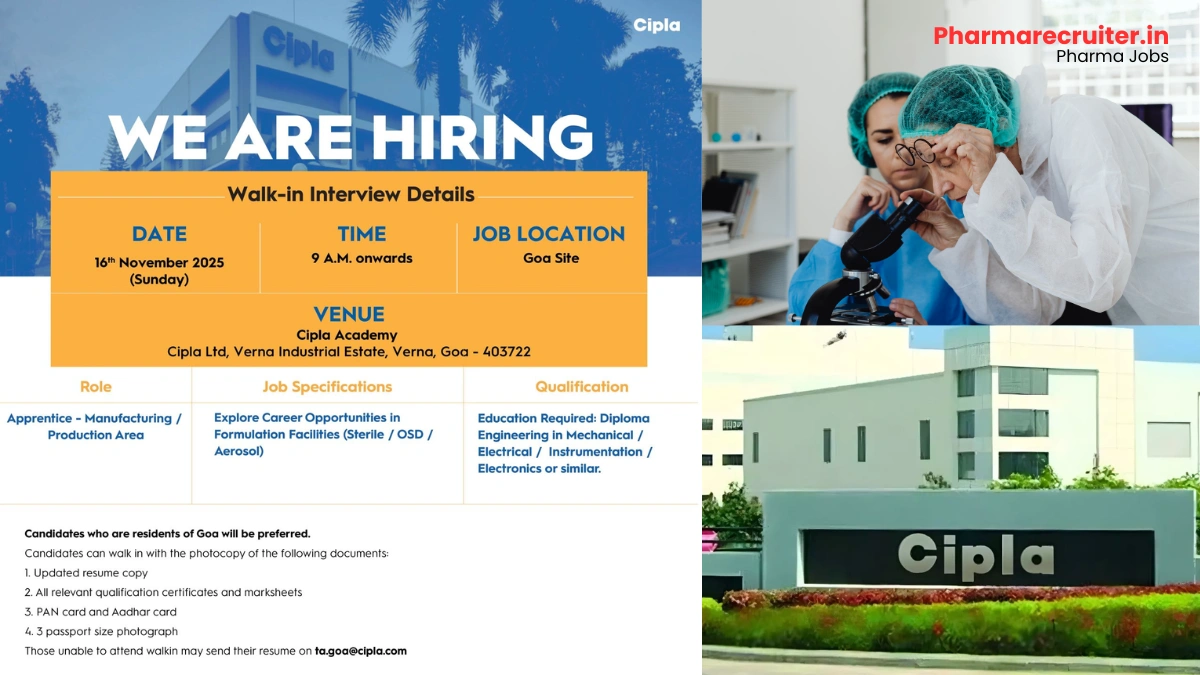 Apprentice Jobs at Cipla Hiring for Pharma Production Roles in Goa