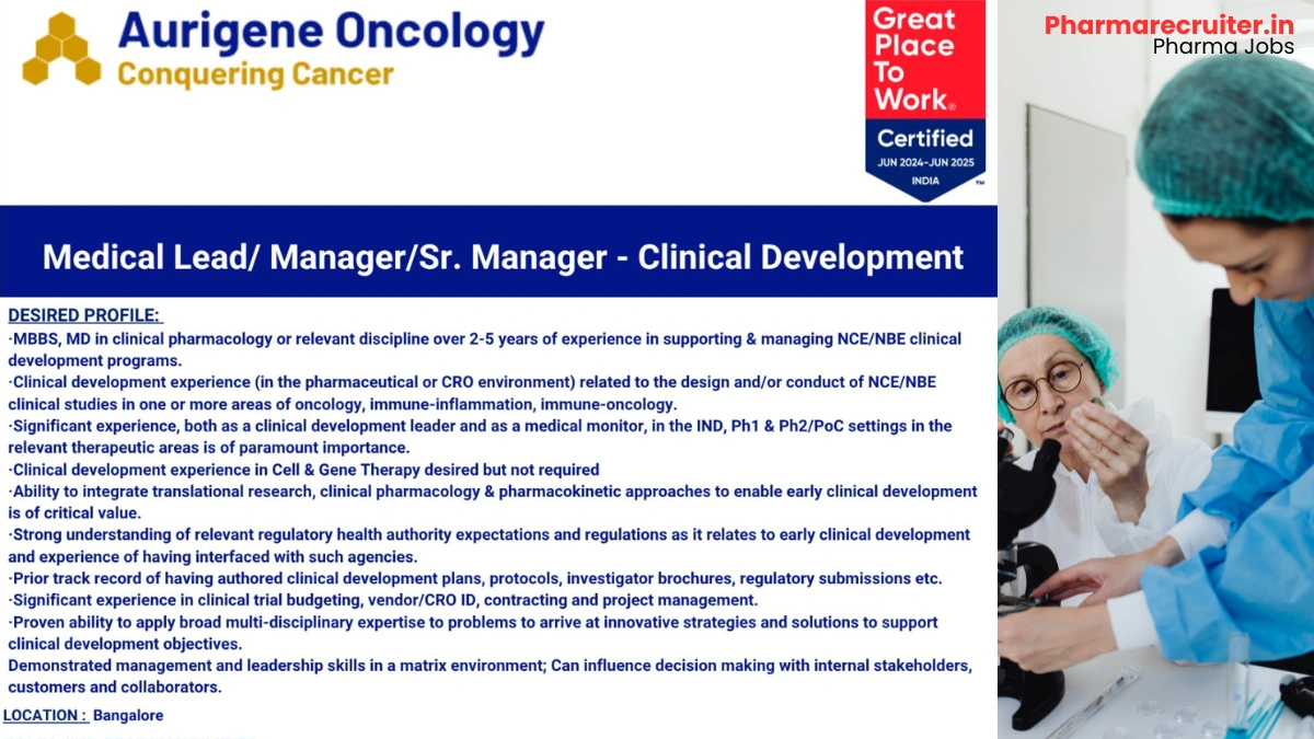 Aurigene Oncology Hiring for Medical Lead, Manager, Sr. Manager - Clinical Development