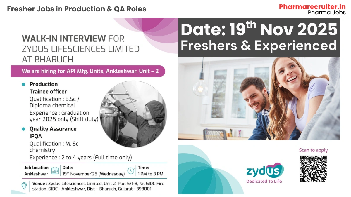 Fresher Jobs @ Zydus Lifesciences Limited - Walk-in Interview for Pharma Jobs