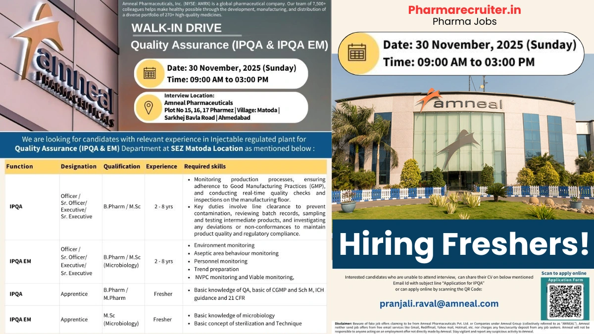 [Freshers & Experienced] Amneal Pharmaceuticals Walk-in Interview for Quality Assurance (IPQA & IPQA EM) Roles