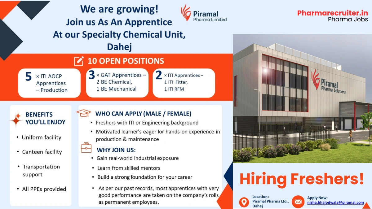 Piramal Pharma Limited Apprentice Recruitment 2025 – Dahej Specialty Chemical Unit (10 Positions)