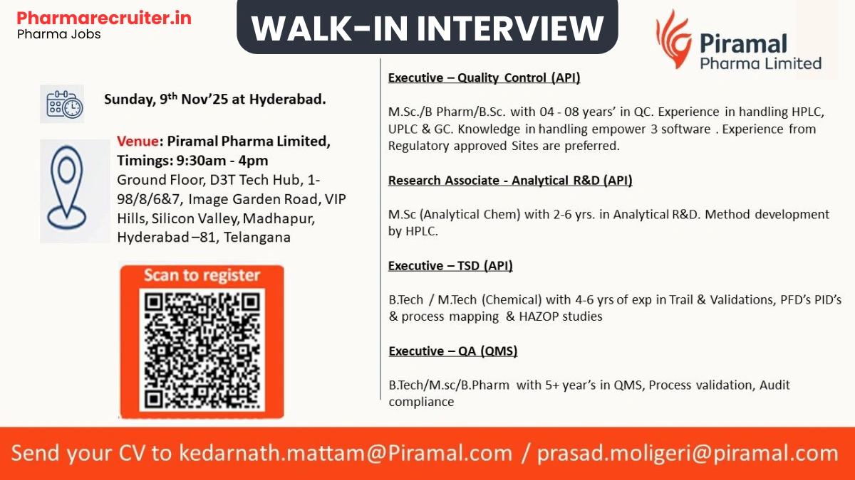Piramal Pharma Limited Apprentice - Walk-in Interview for Pharma Jobs in Hyderabad on Nov 9, 2025