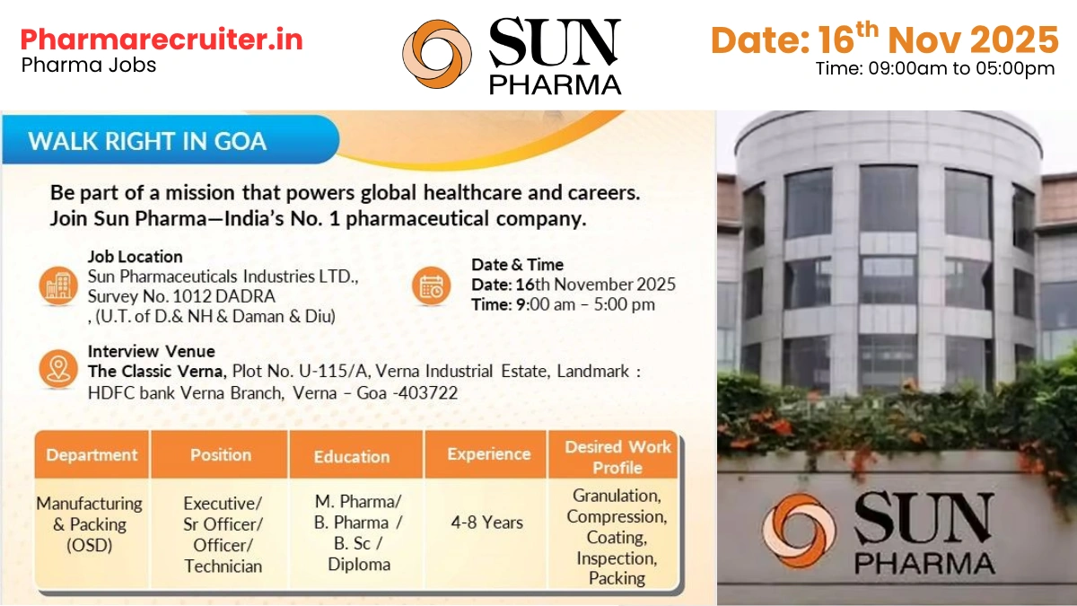 Sun Pharma Walk-in Drive on 16th Nov