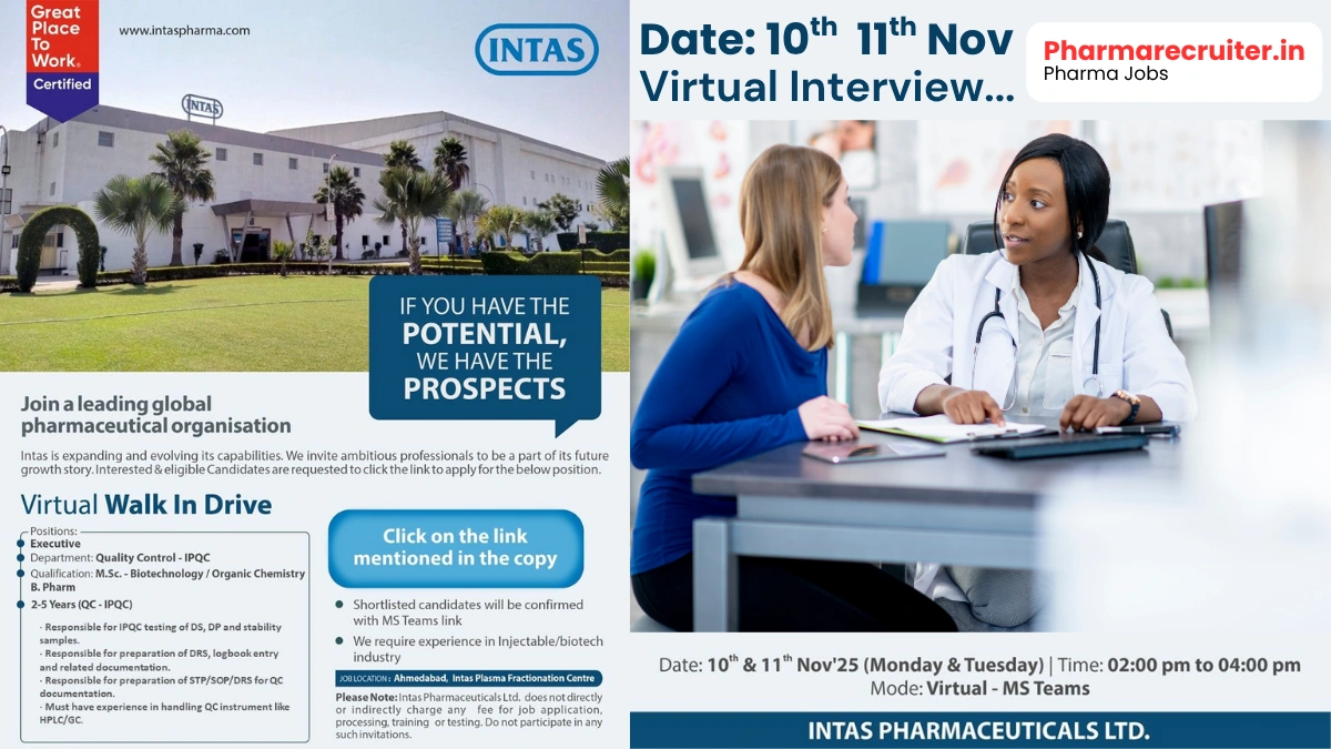 Virtual Walk-in Interview for QC Jobs @ Intas Pharmaceuticals in Ahmedabad – November 10-11, 2025
