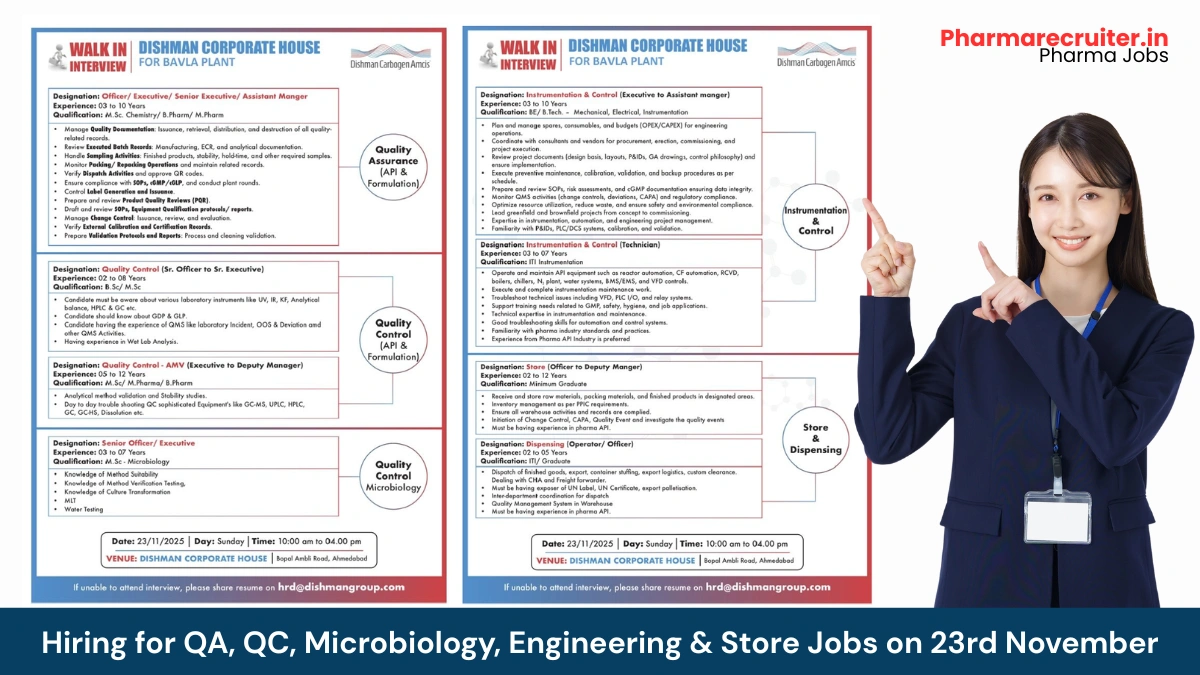 Walk-In Interview @ Dishman Carbogen Amcis 2025 - Hiring for QA, QC, Microbiology, Engineering & Store Jobs on 23rd November