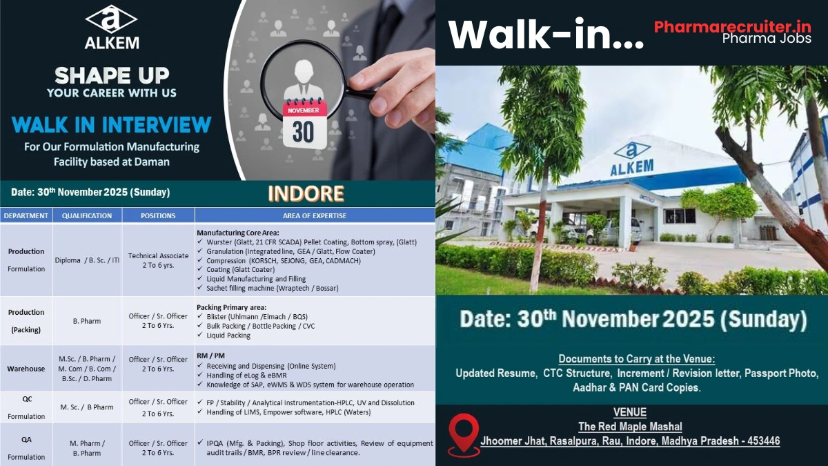 Walk-in Interview @ Alkem Laboratories – Hiring for Formulation Roles in Daman – November 30, 2025