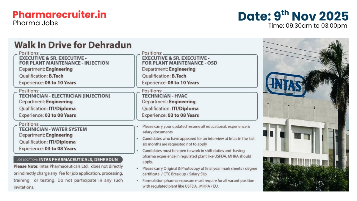 Walk-in Interview @ Intas Pharma - Hiring for Engineering Roles on 9th Nov