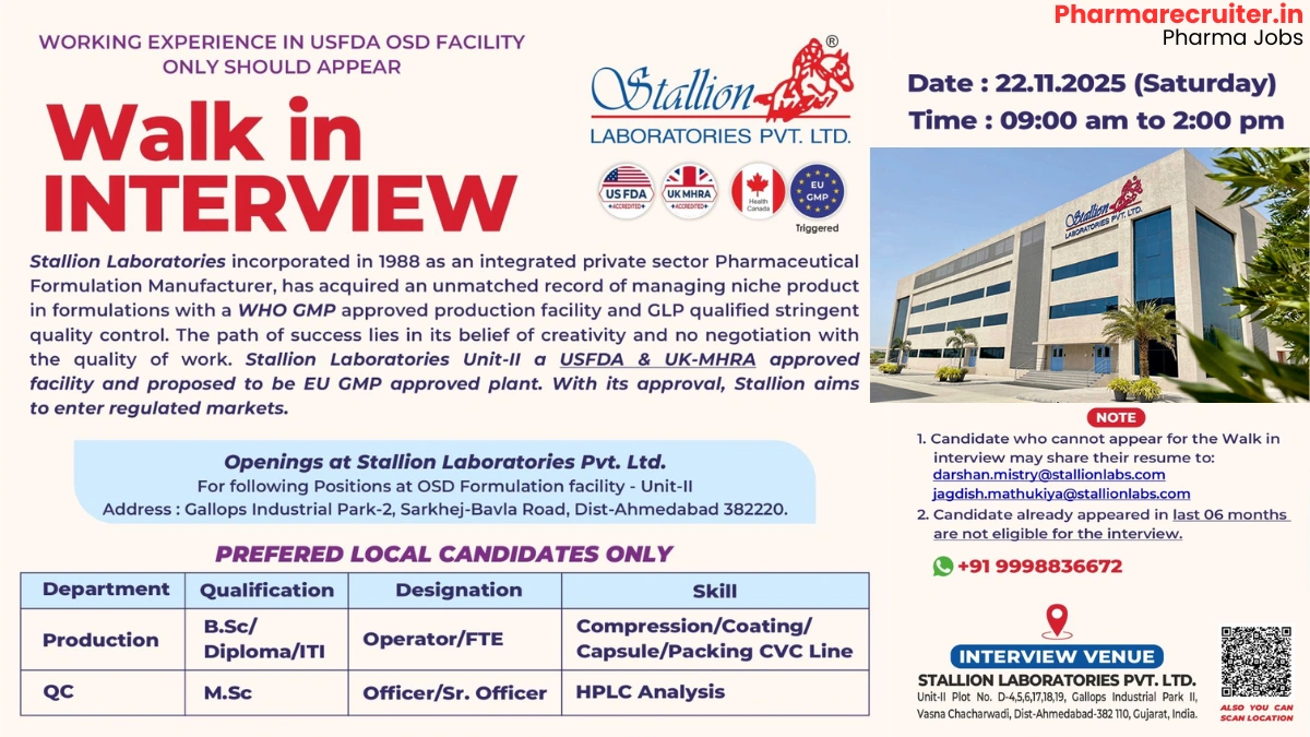Walk-in Interview at Stallion Laboratories Pvt Ltd – Production & QC Jobs