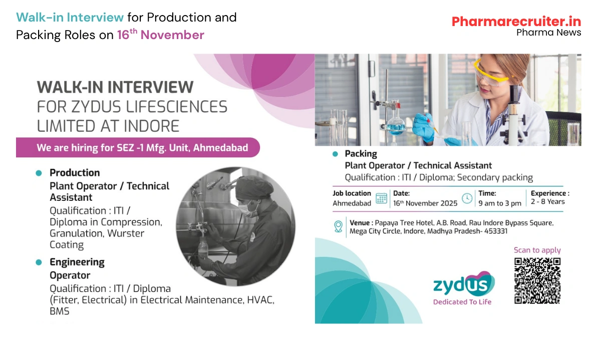 Walk-in Interview for Production and Packing Roles at Zydus Lifesciences Limited on 16th Nov