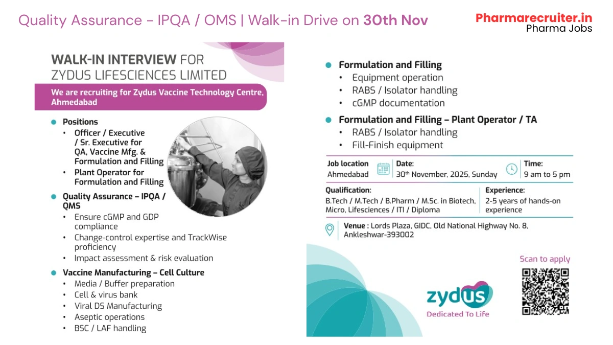 Zydus Lifesciences Limited is Hiring for Quality Assurance - IPQA & OMS