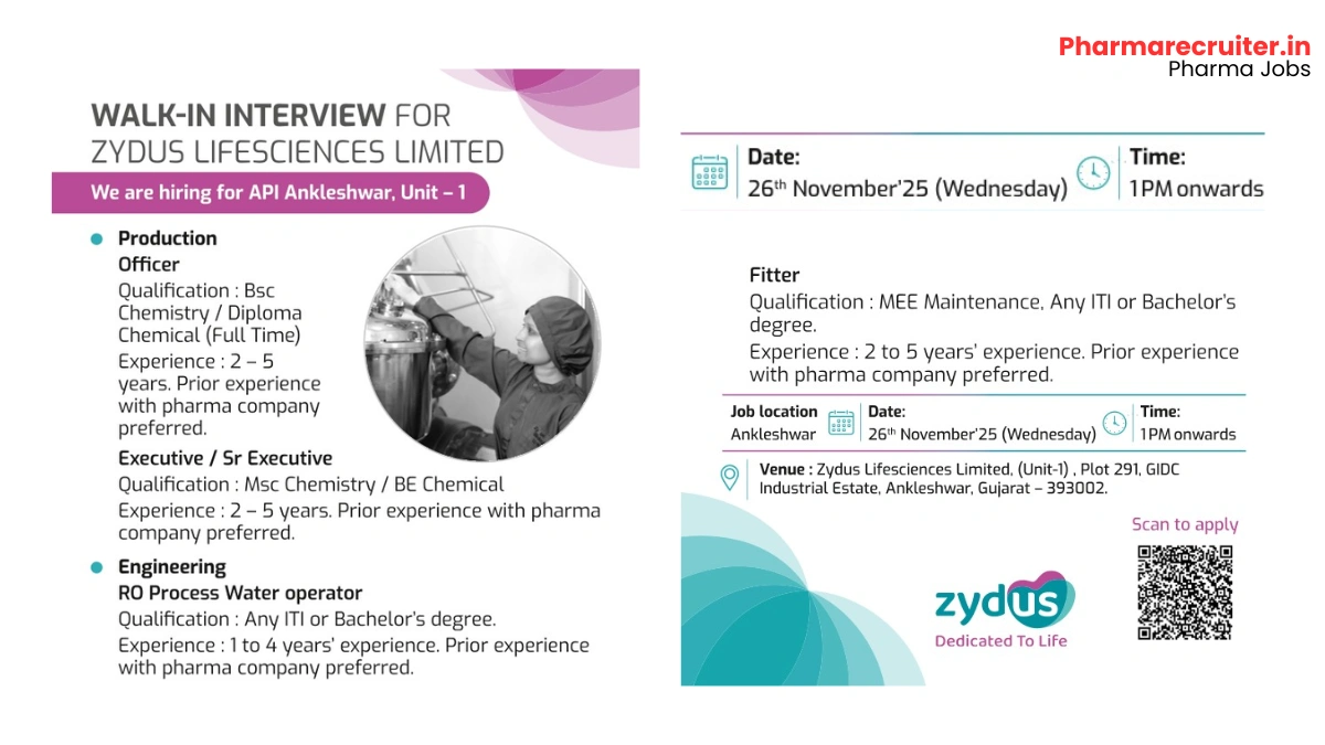Zydus Lifesciences Walk-In Interview Ankleshwar 2025 – API Production & Engineering Jobs (Unit-1)