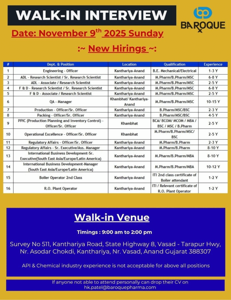 Baroque Pharmaceuticals Walk-in Interviews for Pharma Jobs on 9th Nov