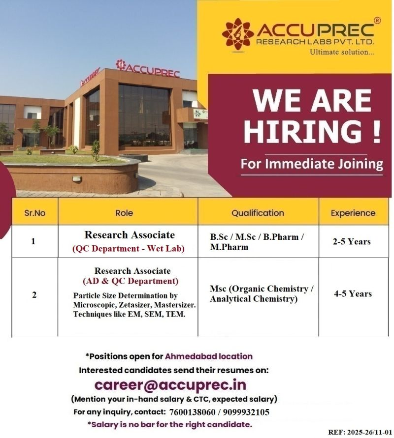 Accuprec Research Labs Hiring Research Associate (AD & QC Department - Wet Lab) | B.Sc, M.Sc, B.Pharm, M.Pharm Candidates