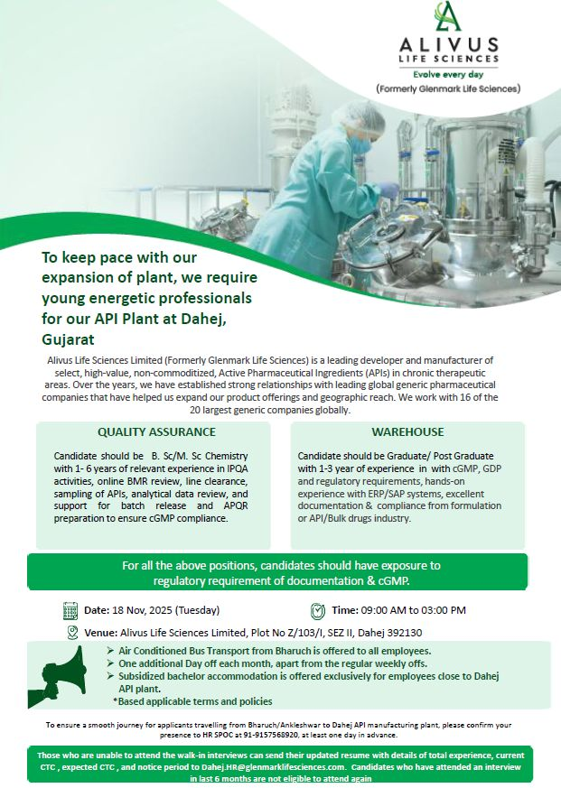 Alivus Life Sciences is Hiring for QA and Warehouse Roles | Walk-in Drive on 18th Nov